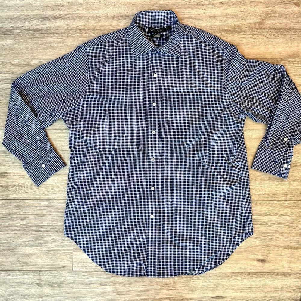 Ralph Lauren Navy Blue plaid Classic Fit Non-Iron Button Down Shirt Size‎ 16.5